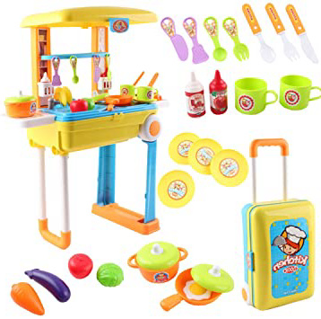 deAO Pequeño Chef Set de Cocinita Plegable en Maleta Convertible Maletín de Juegos con Accesorios, Luces, Sonidos (Azul)