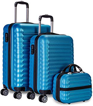 NEWTECK Juego Maletas y Neceser 3 pzs, Maleta Mediana y Pequeña 20"(53x33,5x22cm) + 24"(63x39,5x26,8cm), ABS, Rígidas, Resistentes y Duraderas, 4 Ruedas, Cómodas y Ligeras, Candado Combinación (Azul)
