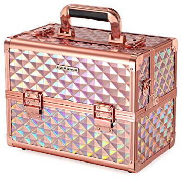 SONGMICS Maletín de Maquillaje, Estuche de Cosméticos, Organizador de Cosméticos de Viaje para Peluqueros y Maquilladores, con Cerradura y Correa de Hombro, Láser Oro Rosa JBC323RD