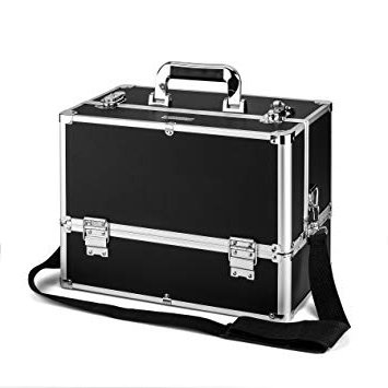 AMASAVA Maletín para Maquillaje, Estuches de Maquillaje, Estuche de Cosméticos, 36.5 x 22 x 27 cm, PVC, Cerradura, 6 bandejas, con Correa para el Hombro, Negro