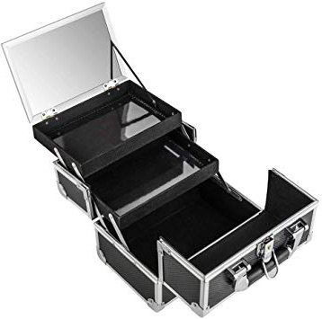 AMASAVA Maletín para Maquillaje, Estuche de Maquillaje, Estuche de cosméticos, 24 x 17 x 19 cm, ABS de Aluminio, con Espejo, Cerradura, 2 bandejas, Negro + Rosa (Rosa-1)