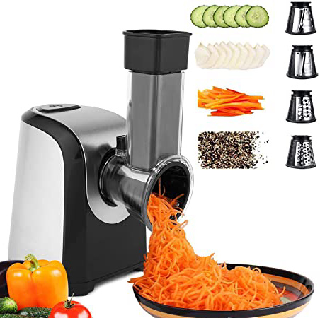 Hopekings Rallador eléctrico de Verduras y Fruta, Cortador Verduras 150W, Rallador eléctrico con 4 Accesorios de Acero Inoxidable Cilindros,Sin BPA