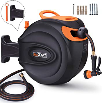 TACKLIFE Carrete para Manguera, 30+2m PVC Manguera Enrollable de 1/2, Rotación de 180°, 24 Bar, Retirar Automáticamente, Bloquear en Cualquier Posición, Boquilla Ajustable y Soporte - GHR2A