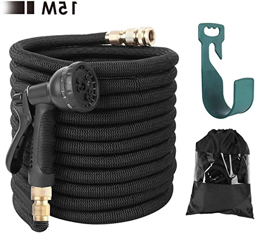 FIXKIT Manguera de Jardín Extensible Manguera de Agua, Accesorios de Latón Puro Manguera de Riego Retráctil, Núcleo de Látex Triple, Tela de Alta Densidad, 8 Pulverizadores Funcionales Incluidos (15M)