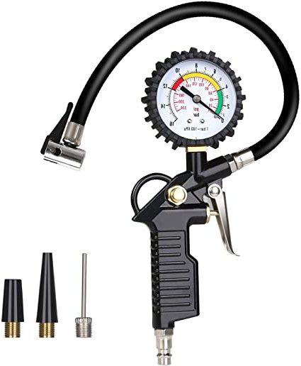 URAQT Manometro Presion Neumaticos, 220 PSI Manómetro de Neumáticos con 3 Boquillas de Gas de Metal para Motocicleta, Bcicleta y Coche