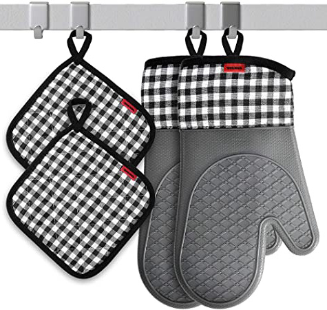 Ankway Guantes Horno, Manoplas de Horno Guantes de Silicona Resistencia al Calor un par + 2 Manteles Aislados para Hornear cocinar Barbacoa microondas, Parrilla (Gris) (14.5 * 30cm)