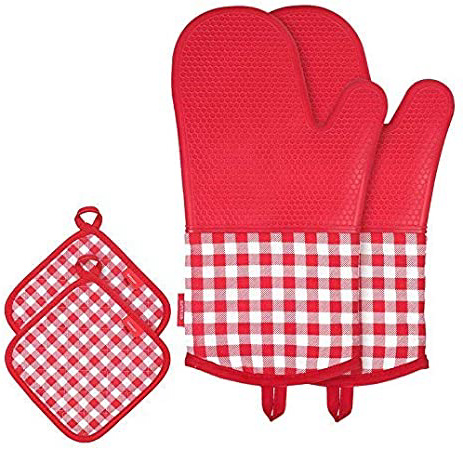 esonmus Guantes Horno Manoplas de Horno Guantes de Silicona para Horno Antideslizante un par + 2 Manteles Individuales Aislados para Cocinar Barbacoa