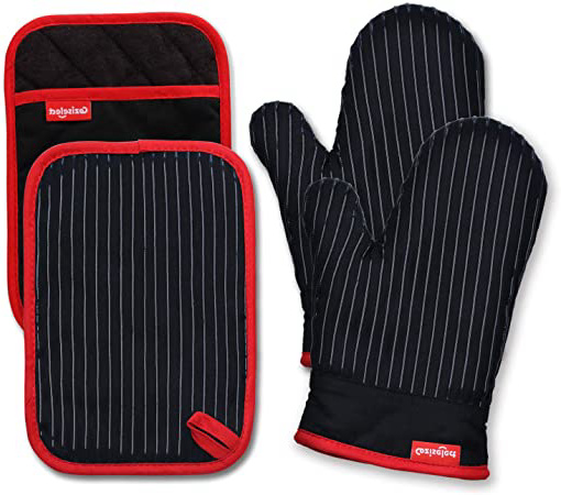 Coziselect Guantes de Horno, Guantes de Cocina Resistentes al Calor y Juego de Mantel Individual, Diseño Antideslizante de Silicona, Adecuado para Cocinar, Hornear, Asar a la Parrilla, Negro