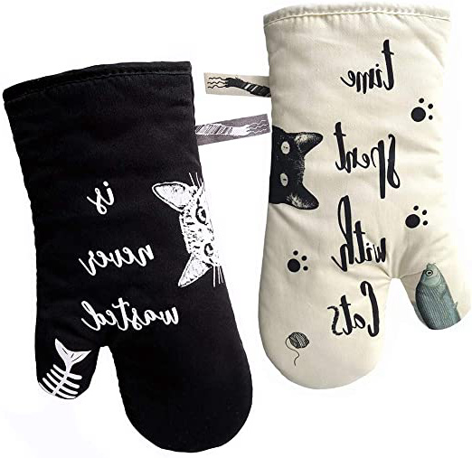 GREVY Guantes de Cocina, Guantes de Horno Resistentes al Calor Perfectos para Cocinar, Hornear y Barbacoas,Cat con gato negro
