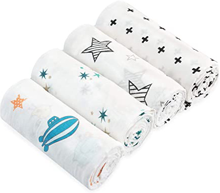 HBselect Mantas Muselinas Bebe Algodon,Set 4 Piezas Mantas Envolventes Muselinas Para Dormir,Toalla De Baño Bebe Niño,Gasas Muselina Bebe Niñas