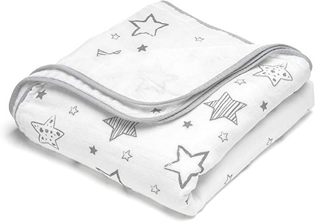 Manta para bebé estrellas - 120x120 cm, 100% algodón / Mantita suave minicuna - cochecito / Arrullo recien nacido, cambiador, manta envolvente de muselina - Blanca Gris