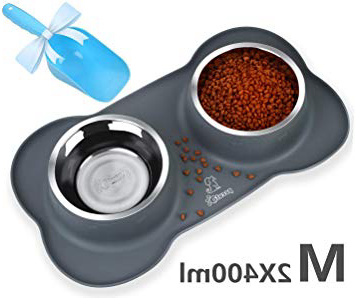 Pecute Comedero para Gatos Perros Mascotas de Acero Inoxidable 12oz/800ml con Pala de Comida, Base de Silicona Antideslizante