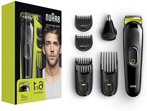 Braun MGK3021 - Máquina Recortadora 6 en 1, Recortadora Barba y Cortapelos, Recortador Vello de Nariz y Orejas, Cuchilla Larga Duración, color Negro/Verde