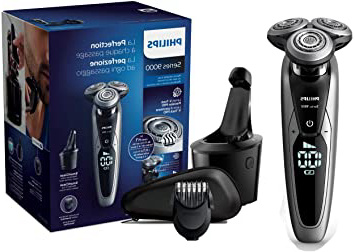 Philips Serie 9000 S9711/32 - Máquina de afeitar con cabezales de 8 direcciones, seco/húmedo, 3 modos y sistema de limpieza SmartClean, incluye perfilador de barba y funda de viaje, plata
