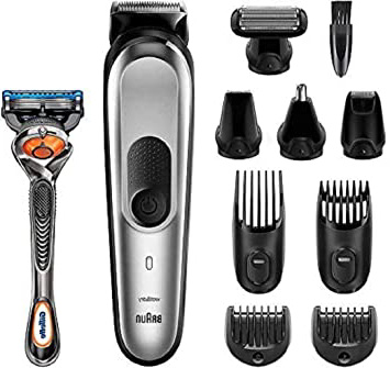 Braun MGK7020 10 en 1, Máquina recortadora barba y cortapelos todo en uno con afeitadora cuerpo, nariz y orejas, afeitadora mini, detalles, color negro/plata