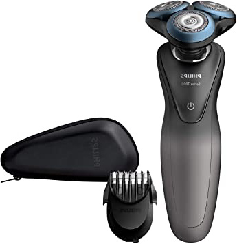 Philips Serie 7000 S7960/17 - Máquina de afeitar con cuhillas confort para la piel sensible, uso en seco/húmedo, 50 min de batería, incluye perfilador de barba y funda de viaje, color gris/negro