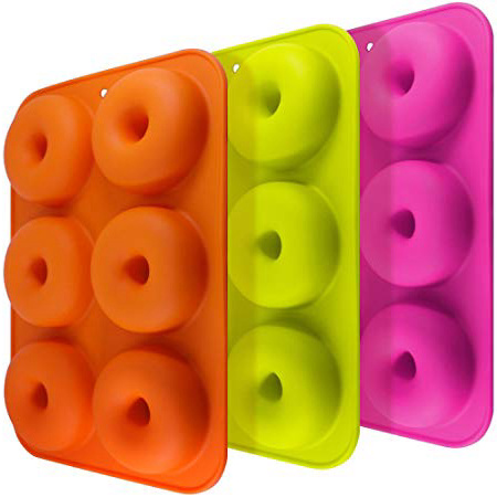 fineg Brentwood FG Molds 3 3 Pack Silicona Donut Formas, 6 Cavidad antiadherente de Safe Back Chapa Maker Pan Resistencia al calor para pasteles galletas Bagels magdalenas de naranja, Rose Red, Verde