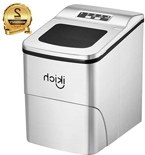 IKICH Máquina para Hacer Hielo, 12 kg/24 h, Entre 6 y 8 Minutos, Silenciosa, 2 Tamaños de Cubitos, 2 L • 120 W, Acero Inoxidable, Plata, maquina hielo con cuchara de hielo y cesta