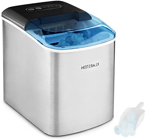 Klarstein On-The-Rocks - Máquina de Hacer Hielo, Fabricadora de Cubitos, 12 kg/24 h, Autolavado, Silenciosa, 2 tamaños, 6-12 min, 2,1 L, Apagado automático, 120 W, Acero Inoxidable, Negro
