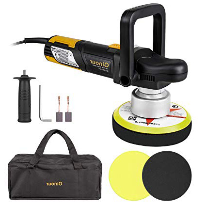 ginour Pulidora Coche, Pulidora Excéntrica Profesional, 2000-6400 RPM 6 Velocidades Variables 150 MM D-Mango Desmontable/Mango Lateral, 2 Discos de Espuma, 3M Cable, Lijadora para pulir Auto