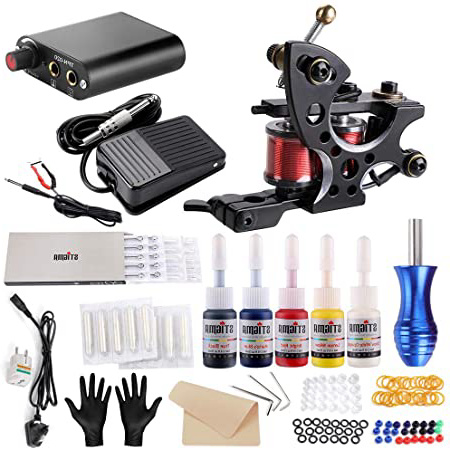 STIGMA Kit de Tatuaje Completo Maquina de Tatuaje para Principiantes Profesional Bobina Maquina con Fuente de Alimentacion Pedal 5 Tintas Tatuaje Materiales