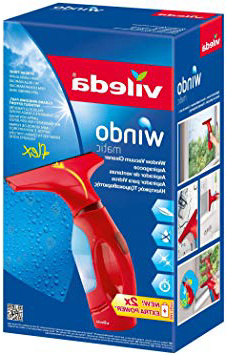 Vileda Windomatic - Aspirador de ventanas con labio de goma, limpiacristales con cabezal flexible y depósito de agua, aspiración vertical y horizontal, medidas 17,5x12x32 cm, color rojo