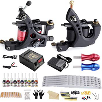 Solong Tattoo Kit de Tatuaje Completo 2 Maquinas de Tatuaje 1 Fuente de Alimentación LCD 10 Tintas 2 Puños 50 Agujas de Tatuaje TK263
