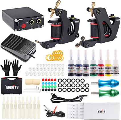 STIGMA Bobina Maquina Kit de Tatuaje Professional Tattoo Machine Kit Ametralladora de Tatuaje Fuente de Alimentacion Pedal 7 Tintas Grips Agujas y Maletin TK-ST 201