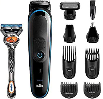 Braun Recortadora MGK5280 9 en 1, Máquina recortadora de barba, set de depilación corporal y cortapelos para hombre, color negro/azul