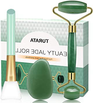Rodillo de Jade, TURATA Facial Masaje Piedra Gua Sha Jade, Antienvejecedor Belleza Natural Dispositivo Herramienta, Rejuvenece La Piel De La Cara Cuello y Cuerpo, Piel Que Aprieta