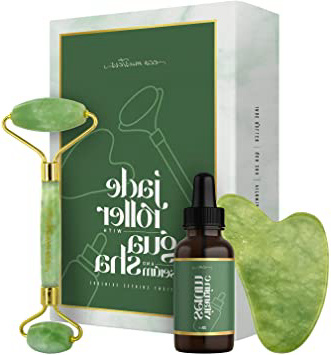 Rodillo de Jade y Gua Sha, Masajeador Facial Con Sérum Vitamina C y Aceite de Ricino - Rodillo doble Antienvejecimiento, Sérum 30ml Hidratante Antiedad, Rejuvenece Piel De La Cara Cuello y Cuerpo