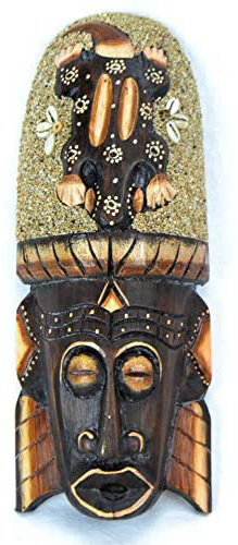 Artisanal Máscara Africano 30 cm Madera Décor Gecko Arena y Conchas cauris