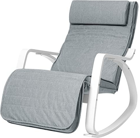 SONGMICS Silla Mecedora en Madera de Abedul, Sillón Mecedora con Reposapiés Regulable en 5 Alturas, Reposabrazos Blancos y Forro Gris en Lino, Colores Elegantes, Capacidad de Carga 150 Kg LYY11WG