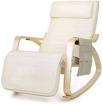 SONGMICS Silla Mecedora de Madera de Abedul, Sillón Tumbona con Reposapiés Regulable, Ideal para Salón, Oficina, Terraza, Antideslizante, Fácil Montaje, Beige LYY01MV1