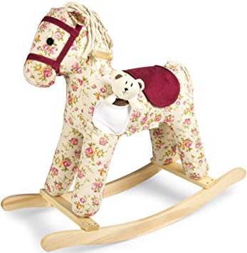 Leomark Mecedora Infantil Caballo Balancín de Juguete con Sonidos Peluche para Niños Bebé Madera Estilo Retro, Vintage Color Crema con Rosas Mi Florence