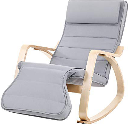 SONGMICS Mecedora, Sillón Tumbona, Madera de Abedul, con Reposapiés Ajustable, Funda Desmontable y Lavable, Capacidad de Carga de 150 kg, 67 x 115 x 91 cm, Gris LYY42G