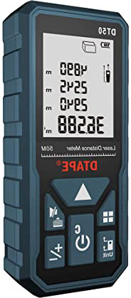 Medidor Láser, DTAPE DT50 Medidor de Distancia Láser 50M / 165 pies, Medidor de Presión Portátil Herramienta de Medición de Flujo digital, Pantalla LCD Retroiluminada más Grande de 4 Líneas IP54