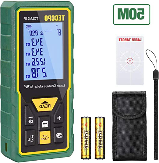 Telémetro láser 50m, TECCPO Medidor láser con Sensor de ángulo electrónico, m/in/ft/ft+in, Función de silencio, 30 Almacenamiento de Datos, Distancia, área, volumen de Pythagore, ángulo, IP54, TDLM21P