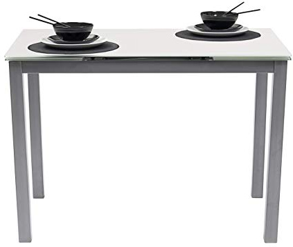 Homely Mesa de Cocina Extensible Paris sobre de Cristal Blanco y Estructura en Metal Gris 110/170x70cm (Blanco/Gris)