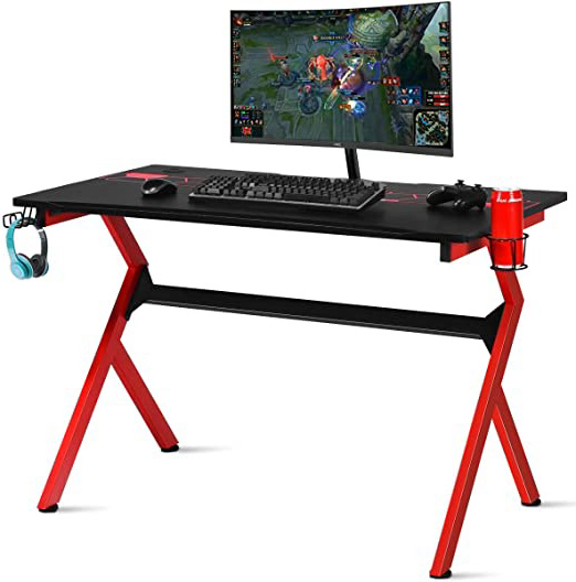 COSTWAY Mesa de Gaming Mesa de Juego Mesa para Computadora con 2 Orificios para Cables/Soporte para Portavasos y Auriculares