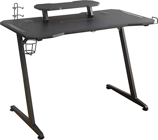 Woxter Stinger Gaming Desk Elite – Mesa Gaming de Escritorio, Leds, Organizador de Cascos, mandos y posa Vasos, 3 USB 3.0 incorporados, Estructura Resistente en Z, Diseño Carbono, 120x60X87 cm