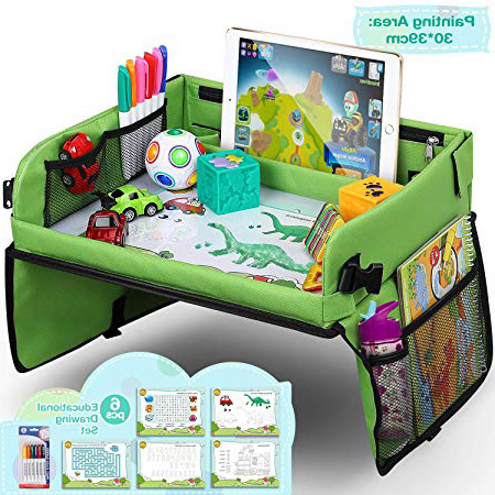 Mesa para Niños en la Asiento de Coche lenbest, Bandeja de Viaje Snack, Tablero Impermeable del Coche - 40x32 cm, Bandeja para Coche, Cochecito,Avión (Juego de Papel de Dibujo Educativo Extra)