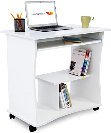 COMIFORT Mesa de Ordenador con Bandeja Extraíble – Escritorio Robusto y Espacioso, Estilo Moderno y Minimalista, Capacidad Almacenaje, Estante y Ruedas, Color Blanco