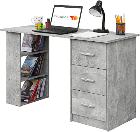 COMIFORT Mesa de Trabajo – Escritorio Robusto y Espacioso, Estilo Moderno y Minimalista, con Gran Capacidad de Almacenaje, 3 Baldas y 3 Cajones, Color Stone