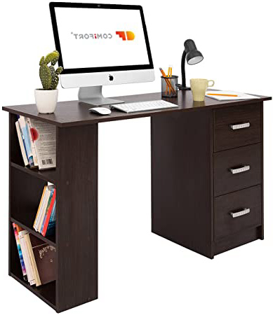 COMIFORT Mesa de Trabajo – Escritorio Robusto y Espacioso, Estilo Moderno y Minimalista, con Gran Capacidad de Almacenaje, 3 Baldas y 3 Cajones, Color Wengué