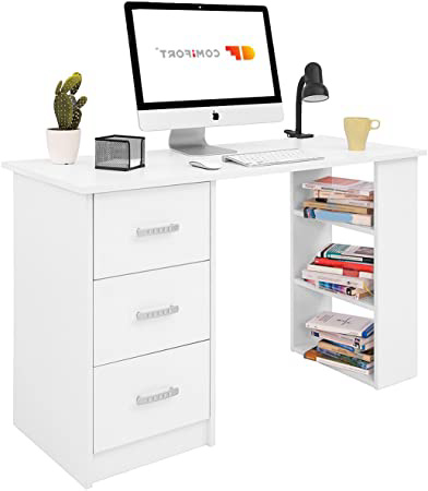 COMIFORT Mesa de Trabajo – Escritorio Robusto y Espacioso, Estilo Moderno y Minimalista, con Gran Capacidad de Almacenaje, 3 Baldas y 3 Cajones, Color Blanco