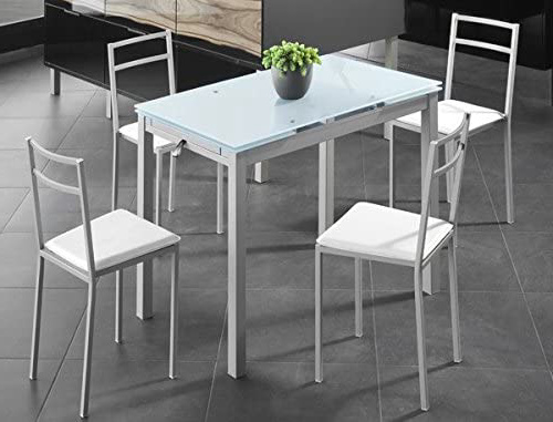 Mesa Extensible de Cristal translúcido Color Blanco y Estructura Gris par Comedor o Cocina