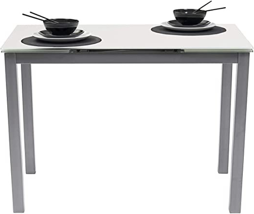 Homely Mesa de Cocina Extensible Paris sobre de Cristal Blanco y Estructura en Metal Gris 110/170x70cm (Blanco/Gris)