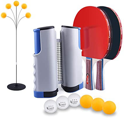 SUPERSUN Set de Ping Pong, 2 Raquetas de Tenis de Mesa | 6 Pelotas de Ping Pong | 1 Entrenadorde de Tenis de Mesa | 1 Retráctil Mesa Ping Pong Profesional Portátil para Juegos de Interior y Exterior