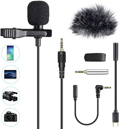 Micrófono de Solapa con Parabrisas, AGPTEK Z02C Lavalier Micrófono Omnidireccional con 3 Adaptadores, 2M Cable para Smartphones, PC, Videocámaras, Negro